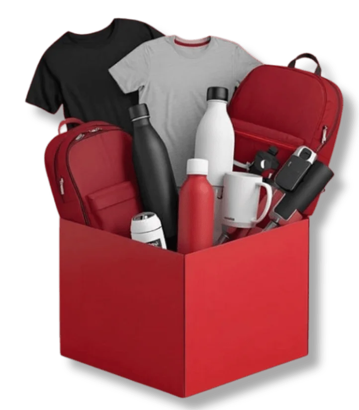 Corporate gift box with custom t-shirts, water bottles, backpack, and mug